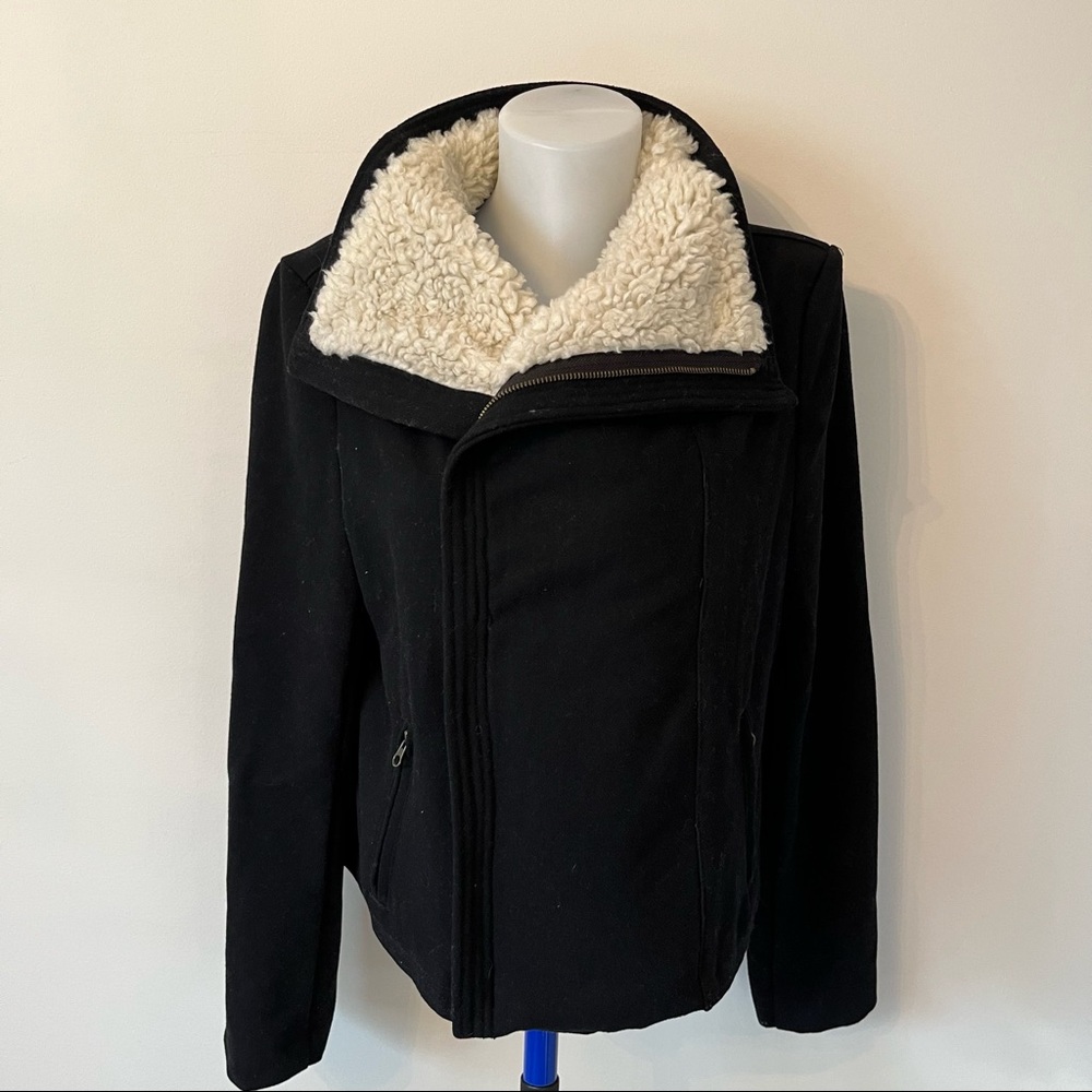 Gap Jacket Black Wool Blend Moto Winter Coat with Faux Vegan Shearling Trim Sz L - Picture 1 of 16